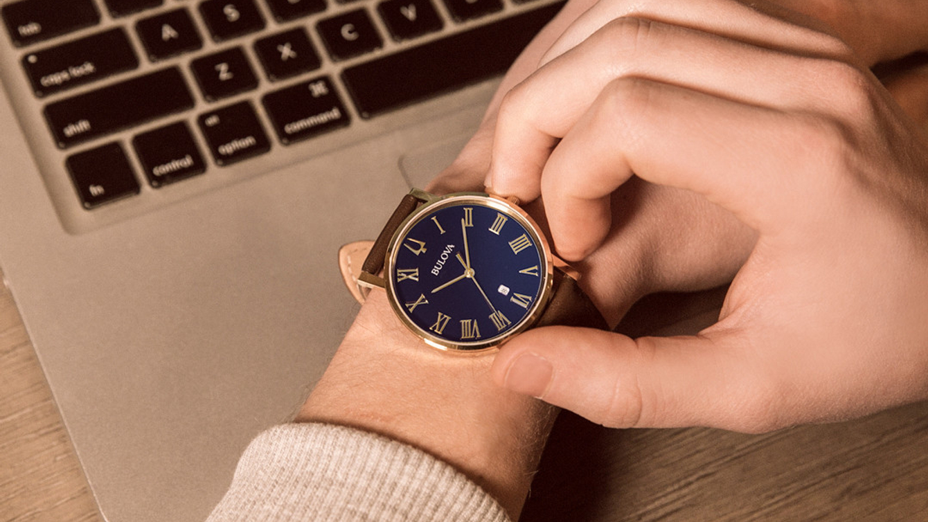 Bulova American Clipper Gold Blue Dial Classic Leather Watch Bulova